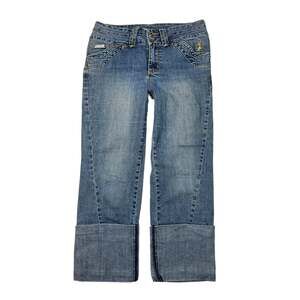 Baby Phat High Waisted Cuffed Cropped Jeans Gold Printed Pockets Y2K Womens 14